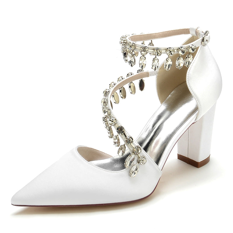 Luxurious Closed-Toe Bridal Shoes for Women with Rhinestone Buckle and Crossed Straps