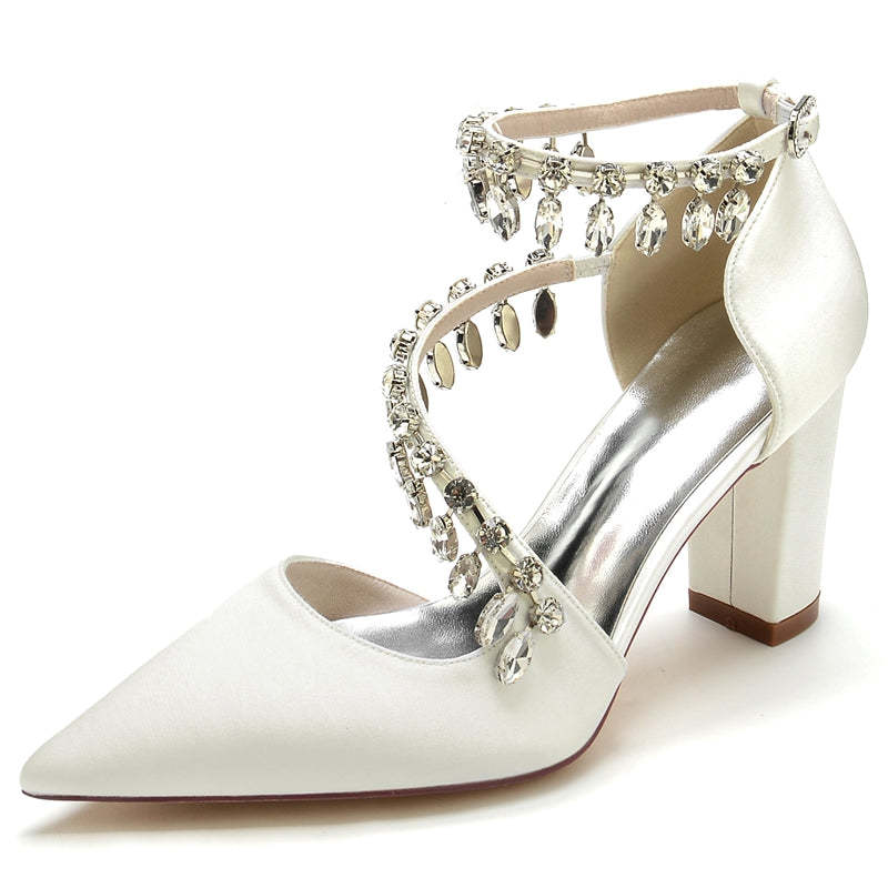 Luxurious Closed-Toe Bridal Shoes for Women with Rhinestone Buckle and Crossed Straps