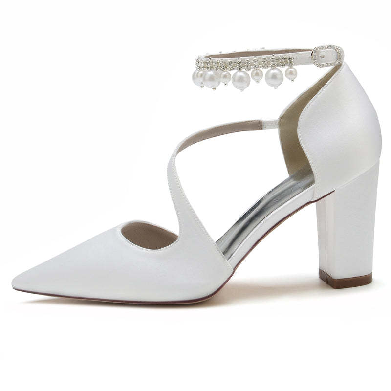 Elegant Women's Bridal Shoes with Pointed Toe Crossed Straps and Pearl Buckle