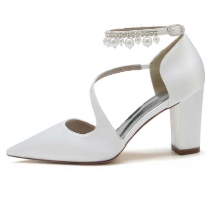 Elegant Women's Bridal Shoes with Pointed Toe Crossed Straps and Pearl Buckle