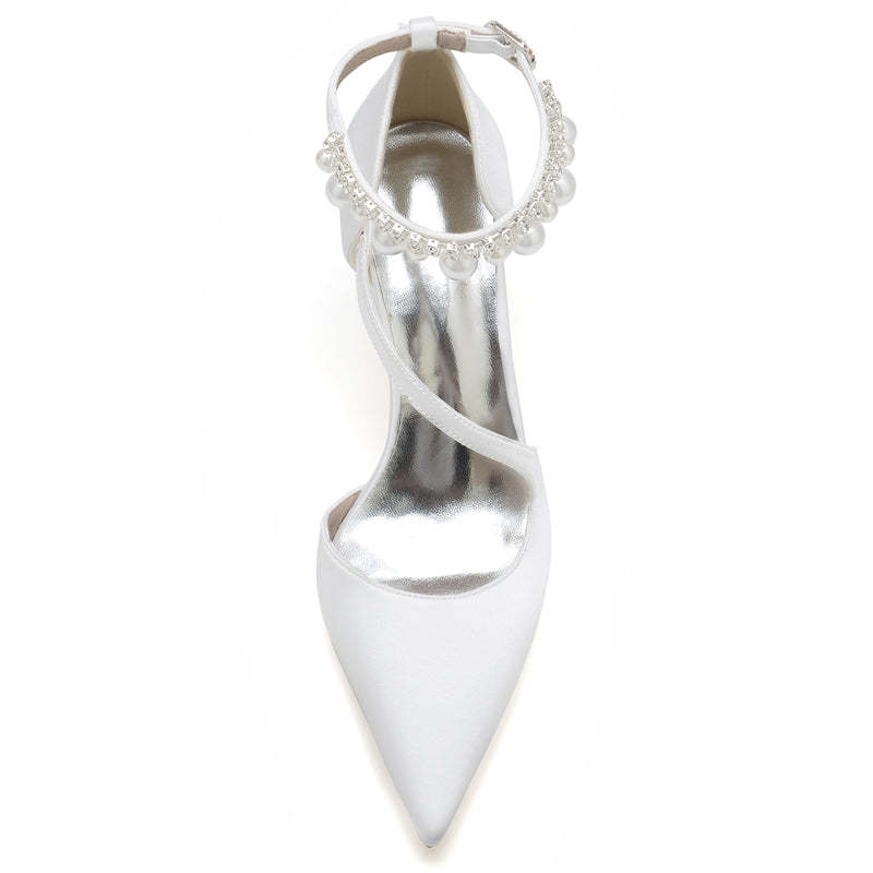 Elegant Women's Bridal Shoes with Pointed Toe Crossed Straps and Pearl Buckle