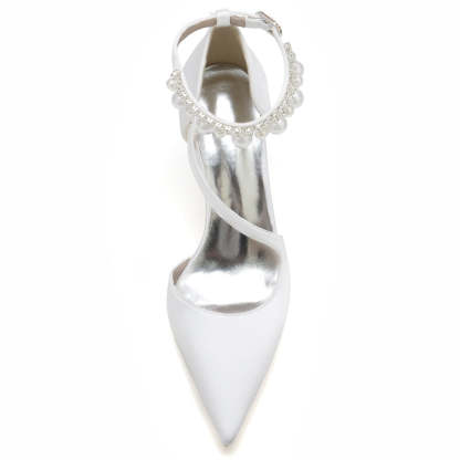 Elegant Women's Bridal Shoes with Pointed Toe Crossed Straps and Pearl Buckle