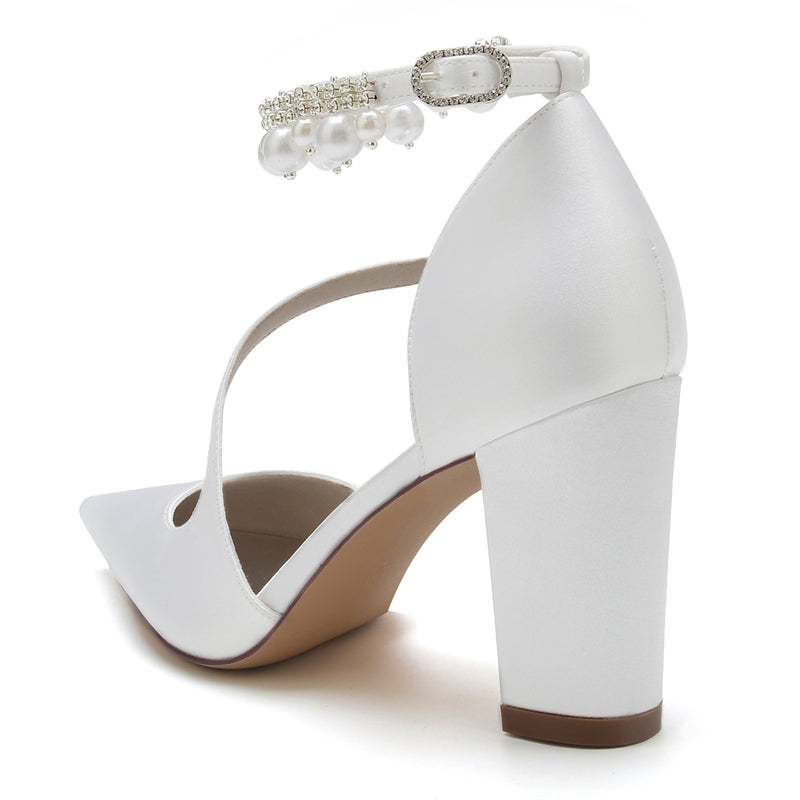Elegant Women's Bridal Shoes with Pointed Toe Crossed Straps and Pearl Buckle