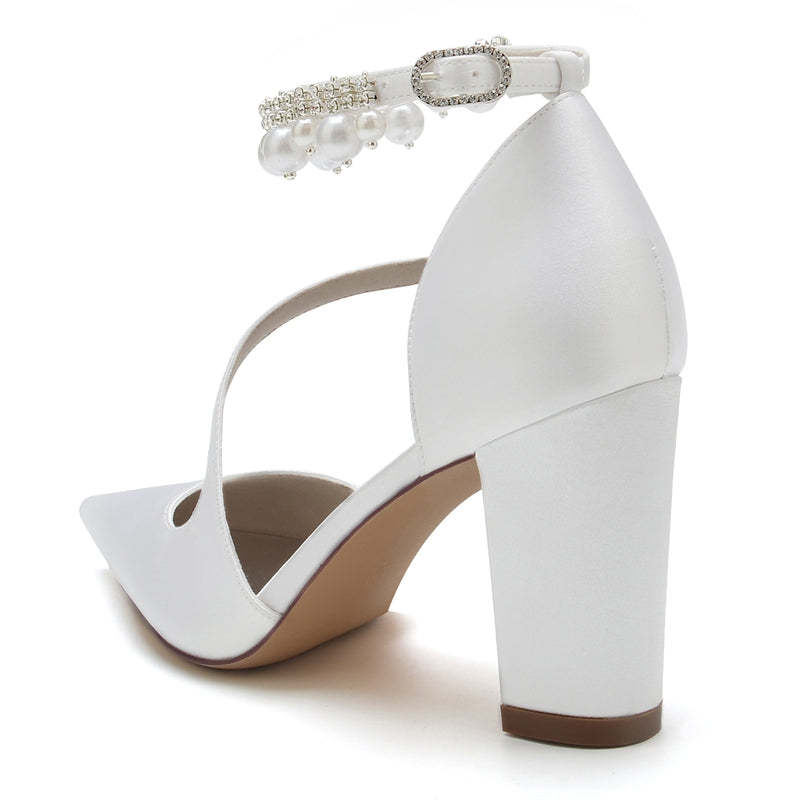 Elegant Women's Bridal Shoes with Pointed Toe Crossed Straps and Pearl Buckle