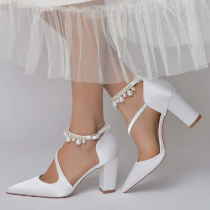 Elegant Women's Bridal Shoes with Pointed Toe Crossed Straps and Pearl Buckle