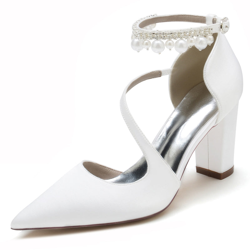 Elegant Women's Bridal Shoes with Pointed Toe Crossed Straps and Pearl Buckle