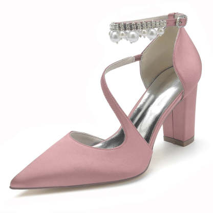 Elegant Women's Bridal Shoes with Pointed Toe Crossed Straps and Pearl Buckle