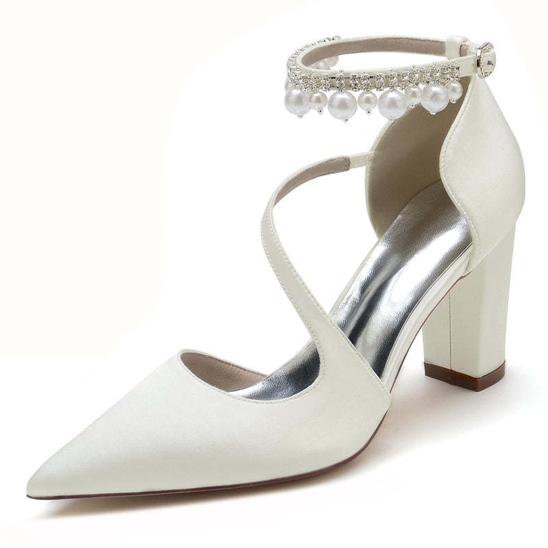 Elegant Women's Bridal Shoes with Pointed Toe Crossed Straps and Pearl Buckle