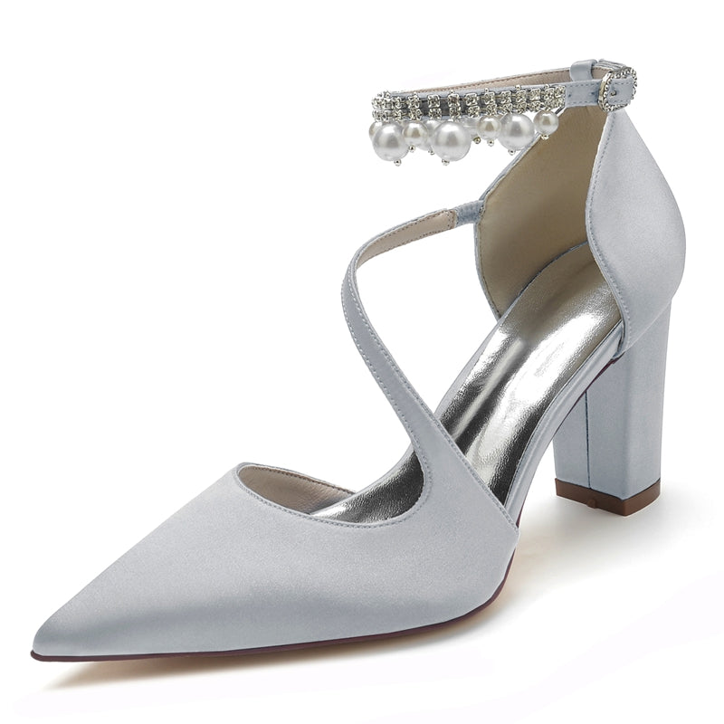 Elegant Women's Bridal Shoes with Pointed Toe Crossed Straps and Pearl Buckle