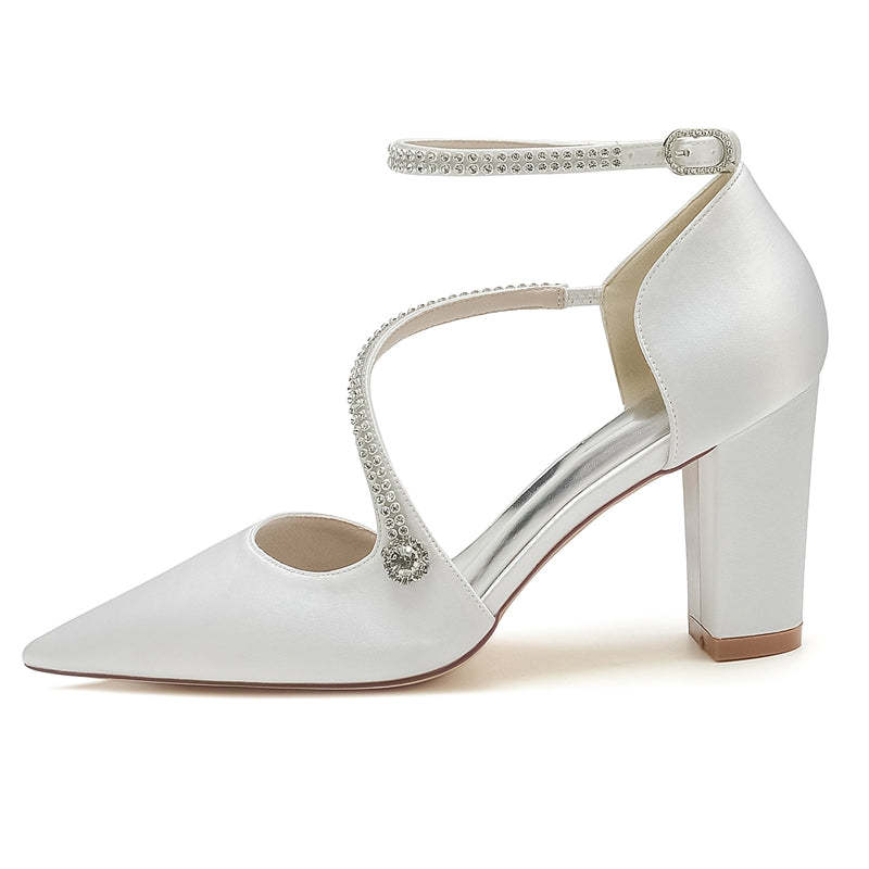 Bridal Shoes for Women with Crystal Buckle and Crossed Straps Pointed Toe and Block Heel