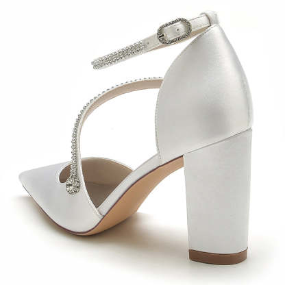 Bridal Shoes for Women with Crystal Buckle and Crossed Straps Pointed Toe and Block Heel