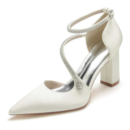 Bridal Shoes for Women with Crystal Buckle and Crossed Straps Pointed Toe and Block Heel