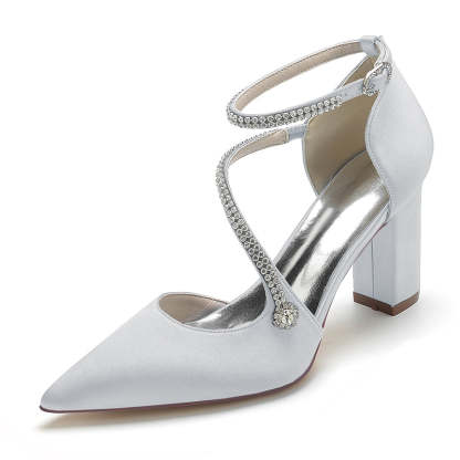 Bridal Shoes for Women with Crystal Buckle and Crossed Straps Pointed Toe and Block Heel