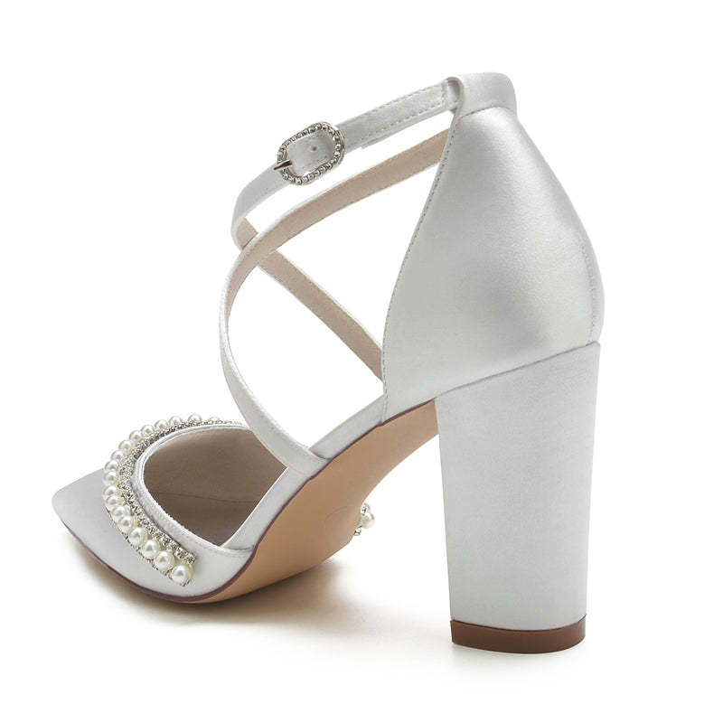Bridal Shoes for Women with Pointed Toe Chunky Heel and Crossed Straps Adorned with Delicate Pearl