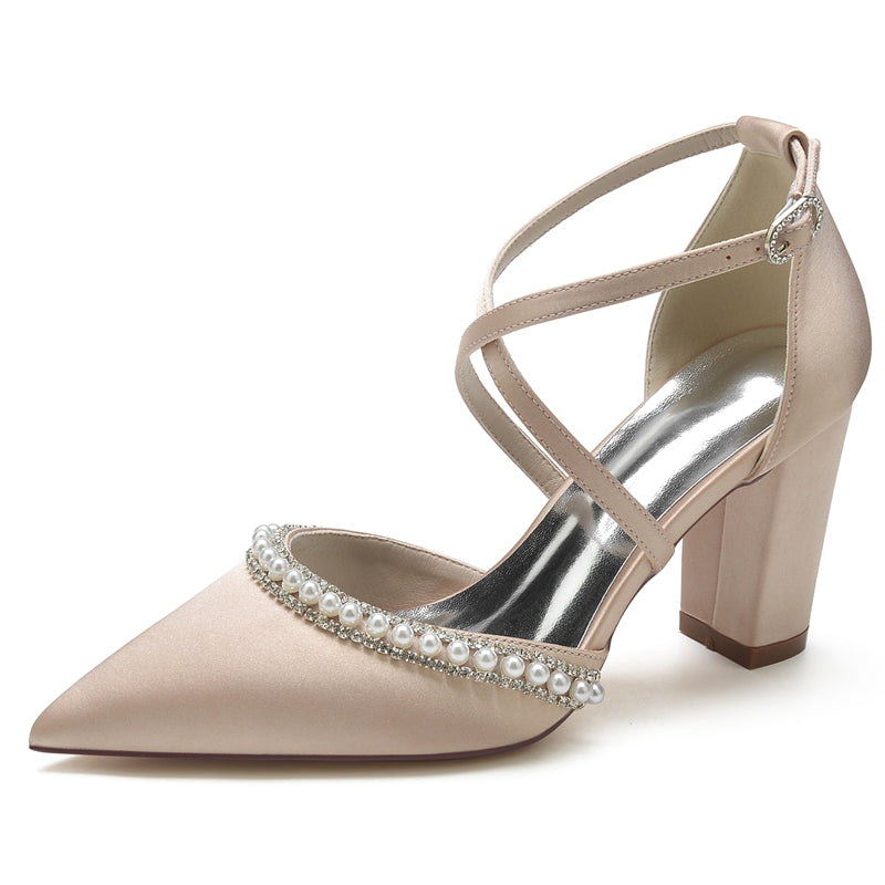 Bridal Shoes for Women with Pointed Toe Chunky Heel and Crossed Straps Adorned with Delicate Pearl