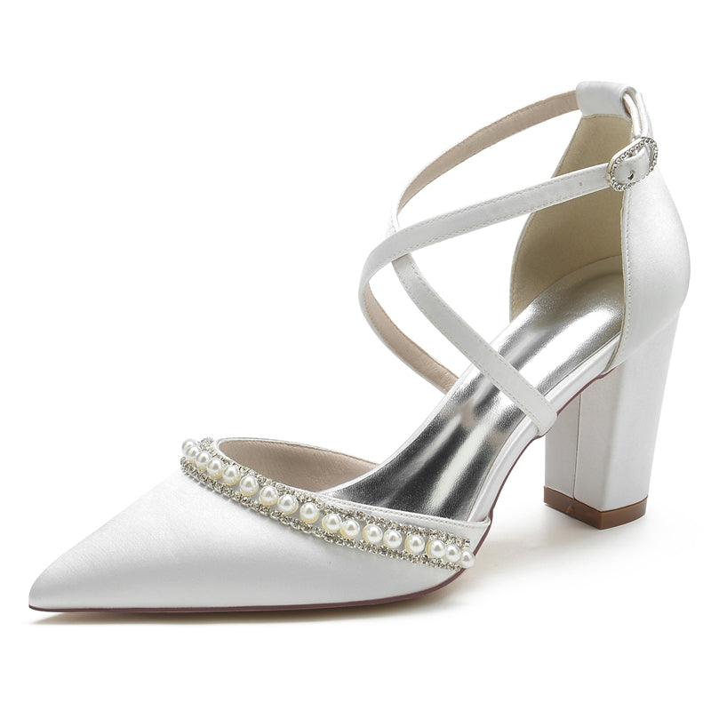 Bridal Shoes for Women with Pointed Toe Chunky Heel and Crossed Straps Adorned with Delicate Pearl