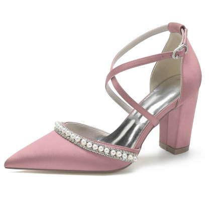 Bridal Shoes for Women with Pointed Toe Chunky Heel and Crossed Straps Adorned with Delicate Pearl