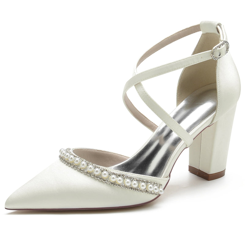 Bridal Shoes for Women with Pointed Toe Chunky Heel and Crossed Straps Adorned with Delicate Pearl