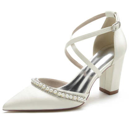 Bridal Shoes for Women with Pointed Toe Chunky Heel and Crossed Straps Adorned with Delicate Pearl