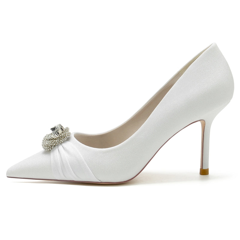 Luxury White Bridal Shoes for Women with Rhinestone Accents and Ruffled Pointed-Toe High Heels