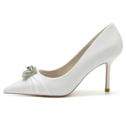 Luxury White Bridal Shoes for Women with Rhinestone Accents and Ruffled Pointed-Toe High Heels
