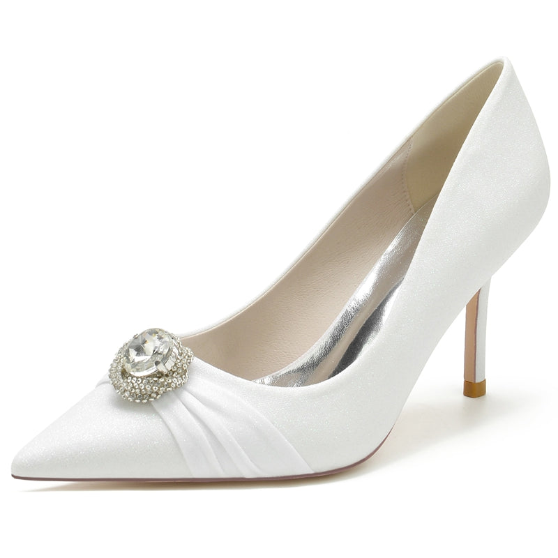 Luxury White Bridal Shoes for Women with Rhinestone Accents and Ruffled Pointed-Toe High Heels