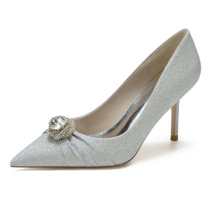 Luxury White Bridal Shoes for Women with Rhinestone Accents and Ruffled Pointed-Toe High Heels
