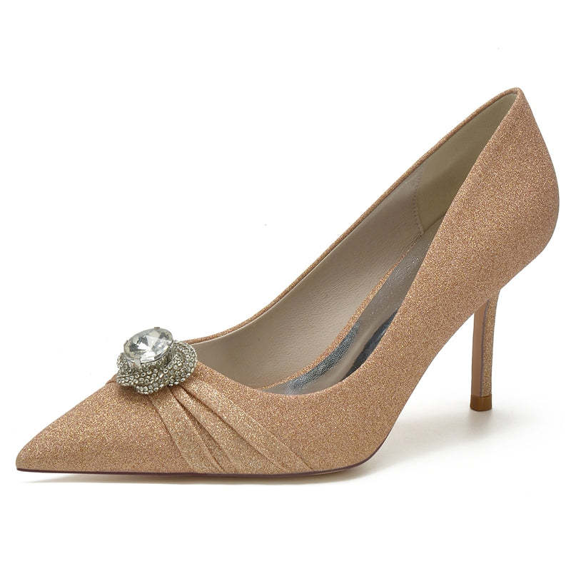 Luxury White Bridal Shoes for Women with Rhinestone Accents and Ruffled Pointed-Toe High Heels