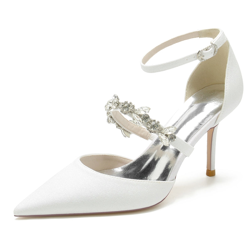 Elegant Bridal Shoes for Women with Rhinestone Straps and Pointed Toe High Heel