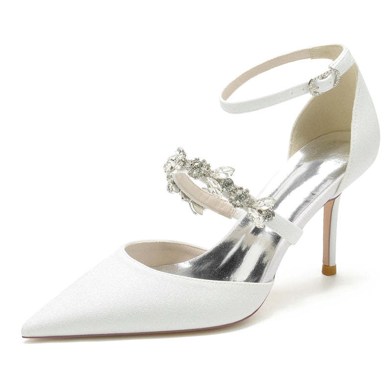 Elegant Bridal Shoes for Women with Rhinestone Straps and Pointed Toe High Heel