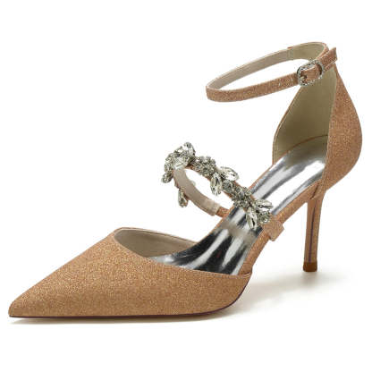 Elegant Bridal Shoes for Women with Rhinestone Straps and Pointed Toe High Heel