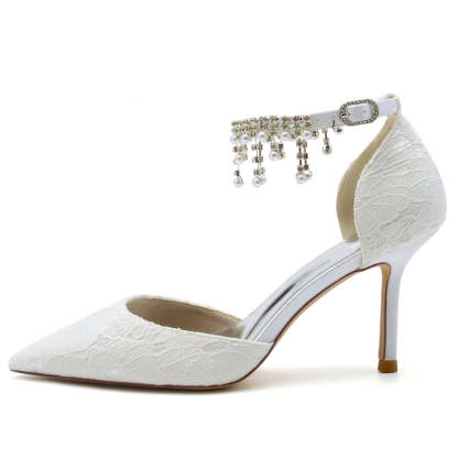 Bridal Shoes for Women with Pearl Tassels Closed Toe Stiletto Heel and Lace Buckle