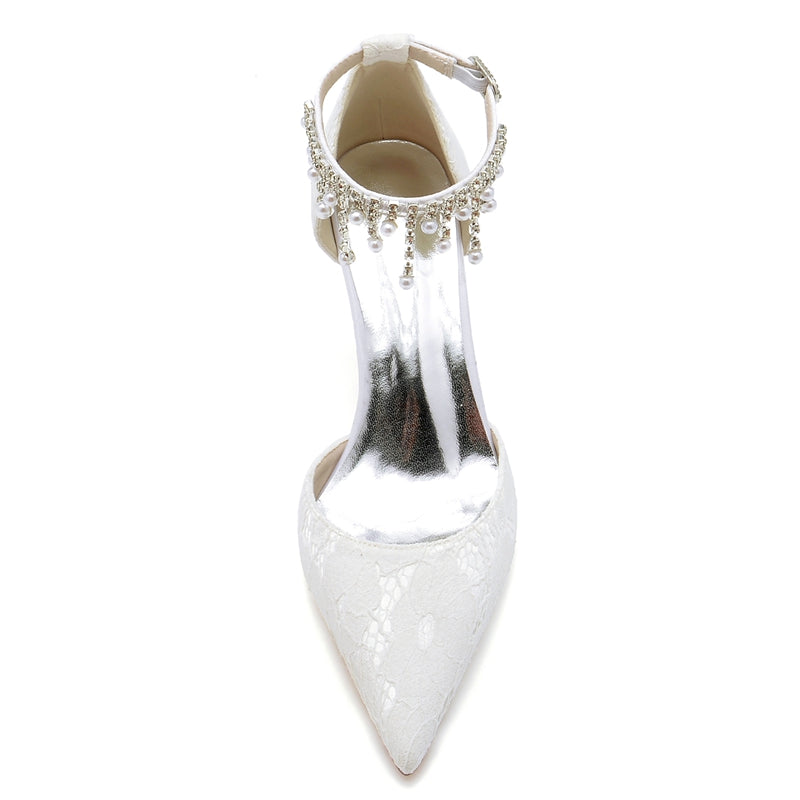 Bridal Shoes for Women with Pearl Tassels Closed Toe Stiletto Heel and Lace Buckle