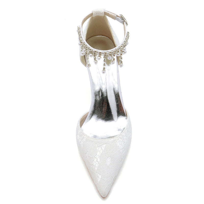Bridal Shoes for Women with Pearl Tassels Closed Toe Stiletto Heel and Lace Buckle