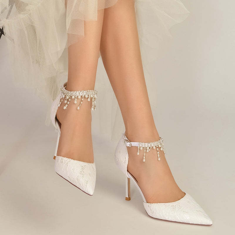 Bridal Shoes for Women with Pearl Tassels Closed Toe Stiletto Heel and Lace Buckle