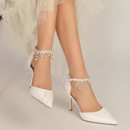 Bridal Shoes for Women with Pearl Tassels Closed Toe Stiletto Heel and Lace Buckle