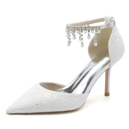 Bridal Shoes for Women with Pearl Tassels Closed Toe Stiletto Heel and Lace Buckle