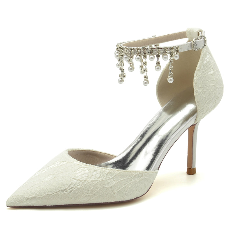 Bridal Shoes for Women with Pearl Tassels Closed Toe Stiletto Heel and Lace Buckle