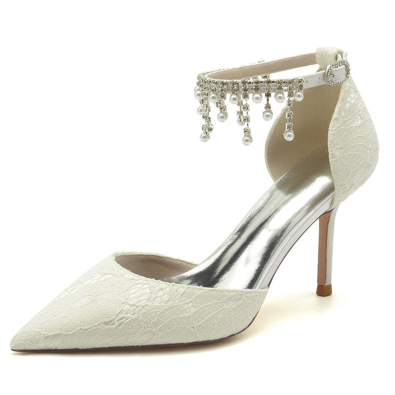 Bridal Shoes for Women with Pearl Tassels Closed Toe Stiletto Heel and Lace Buckle
