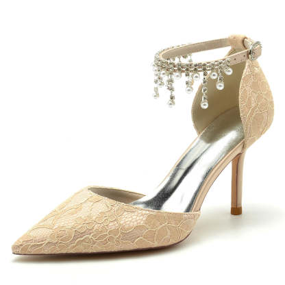 Bridal Shoes for Women with Pearl Tassels Closed Toe Stiletto Heel and Lace Buckle