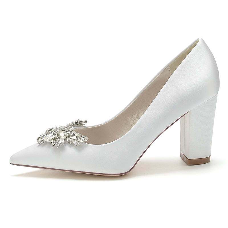Elegant Bridal Shoes for Women with Pointed Toe and Chunky Rhinestone Heel