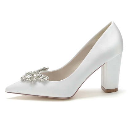 Elegant Bridal Shoes for Women with Pointed Toe and Chunky Rhinestone Heel