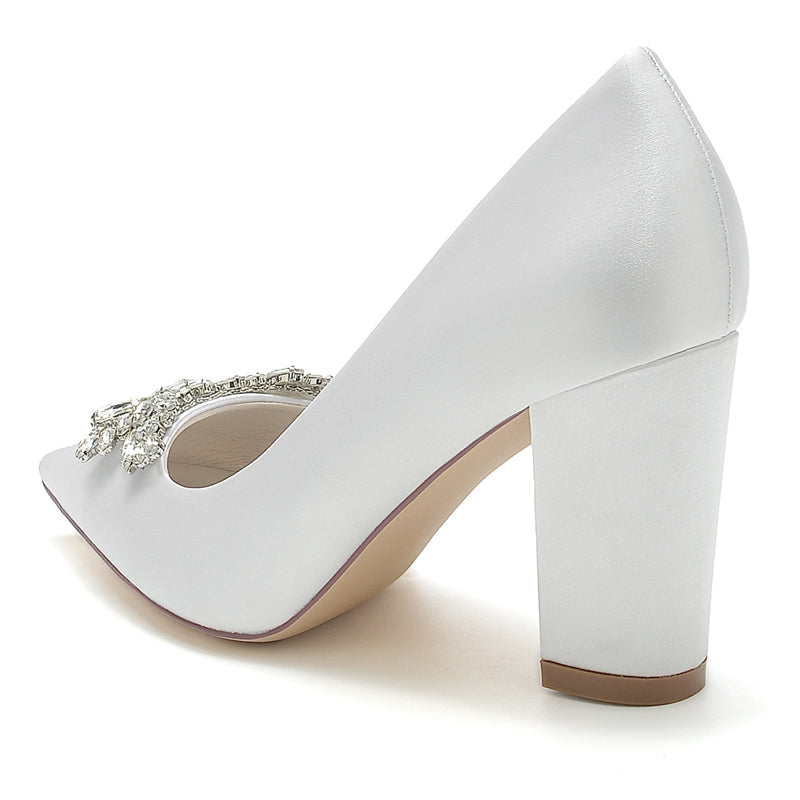 Elegant Bridal Shoes for Women with Pointed Toe and Chunky Rhinestone Heel