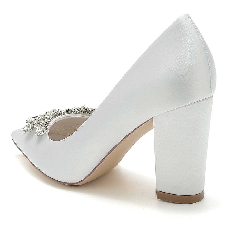 Elegant Bridal Shoes for Women with Pointed Toe and Chunky Rhinestone Heel