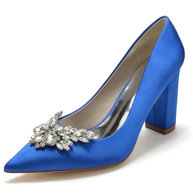 Elegant Bridal Shoes for Women with Pointed Toe and Chunky Rhinestone Heel