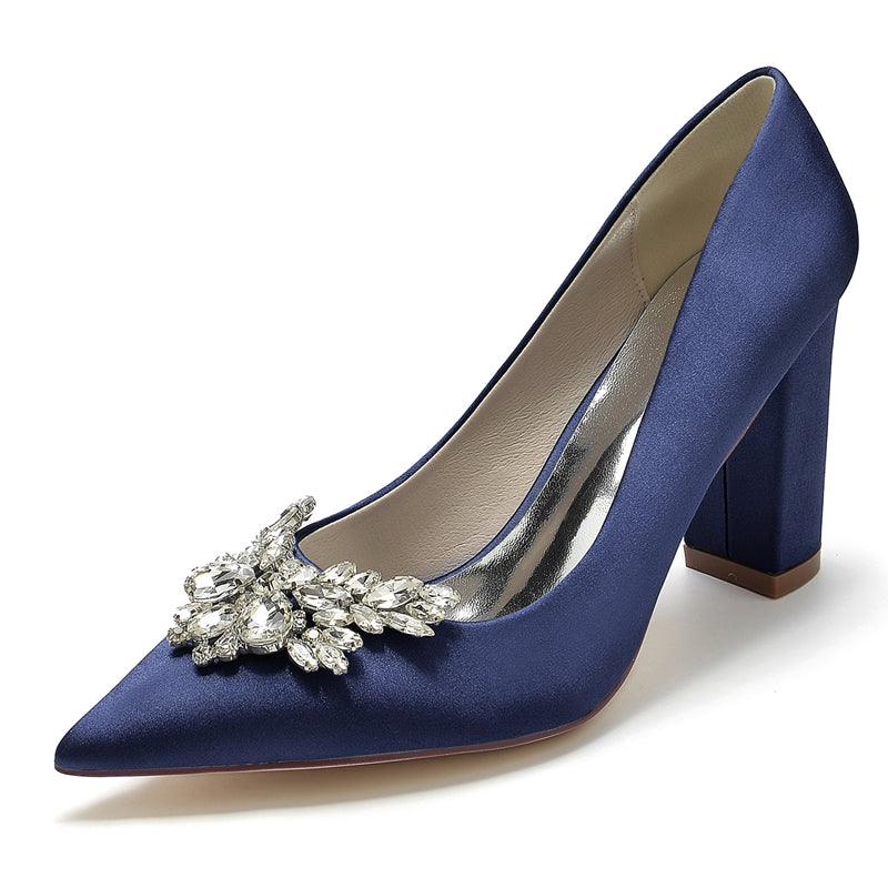 Elegant Bridal Shoes for Women with Pointed Toe and Chunky Rhinestone Heel