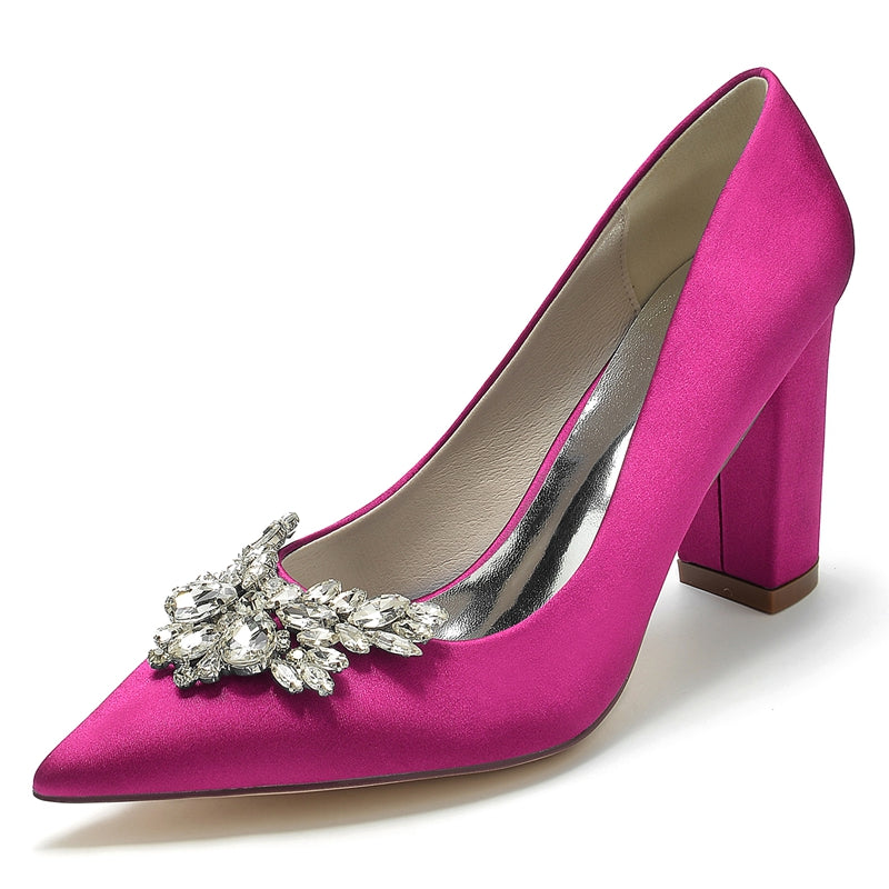 Elegant Bridal Shoes for Women with Pointed Toe and Chunky Rhinestone Heel