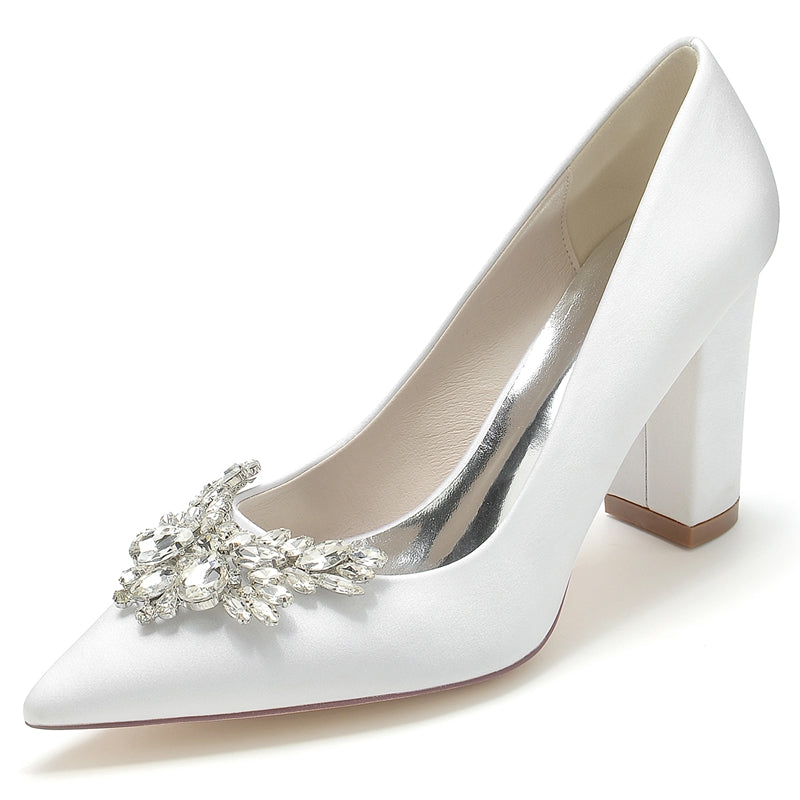Elegant Bridal Shoes for Women with Pointed Toe and Chunky Rhinestone Heel