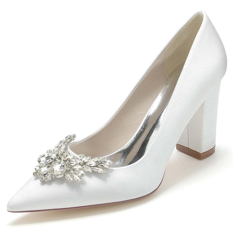 Elegant Bridal Shoes for Women with Pointed Toe and Chunky Rhinestone Heel