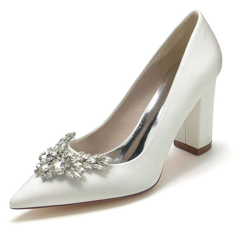 Elegant Bridal Shoes for Women with Pointed Toe and Chunky Rhinestone Heel